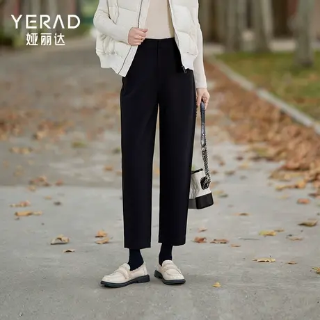 娅丽达加厚直筒裤女2024秋冬新款仿毛呢裤子黑色休闲裤宽松哈伦裤图片