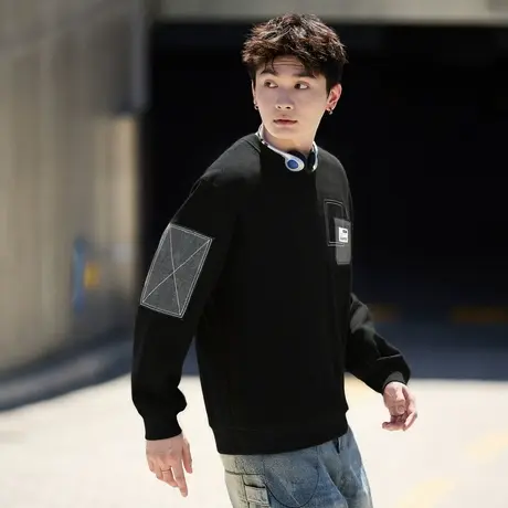 唐狮秋冬男圆领加绒拼接卫衣百搭设计感时尚休闲贴布宽松TA图片