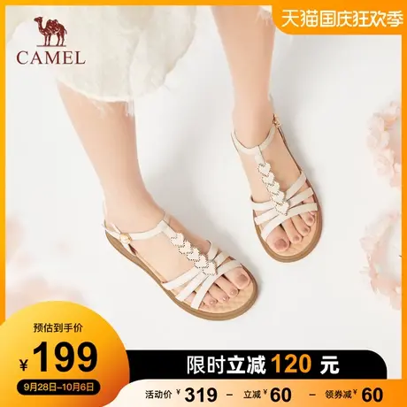 骆驼女鞋2023年夏季新款真皮一字带凉鞋女时尚露趾厚底时装凉鞋女图片