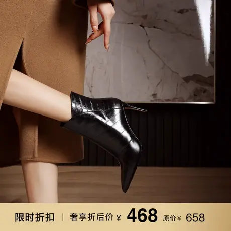 熙漫2023秋冬新款尖头细跟简约黑色短靴百搭通勤职业气质高跟靴女图片
