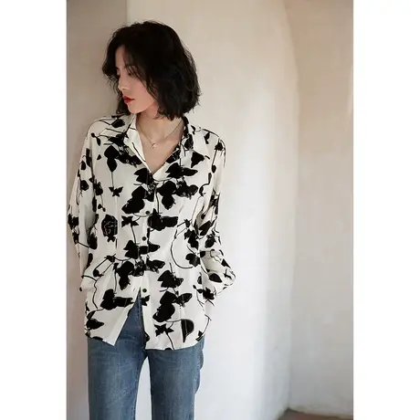 弥古法式泡泡袖碎花衬衫秋季长袖高级感雪纺衬衣女夏季外搭外穿商品大图