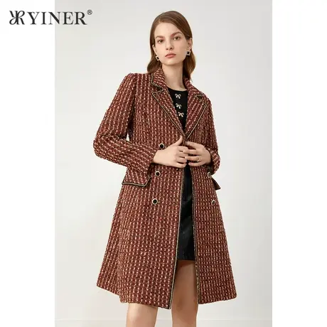 YINER音儿商场同款女装2021冬新款中长款小香风粗花呢外套商品大图