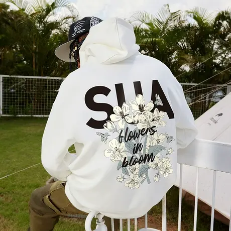 Nuthink美式高街重磅花朵字母带帽卫衣男冬季2023新款外套帽衫潮商品大图