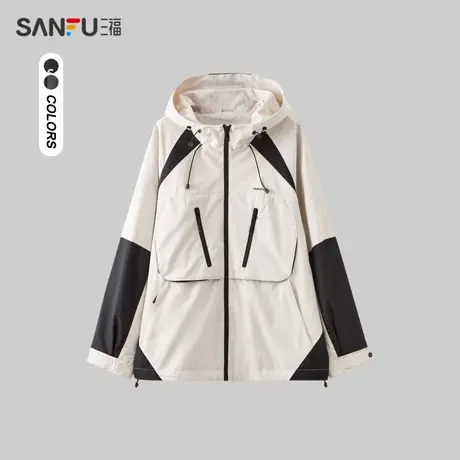 三福2023冬男士撞色拼接长棉衣 潮流运动风宽松连帽外套478031商品大图