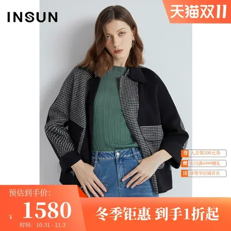 恩裳冬季时尚撞色格纹绵羊毛宽松短款毛呢外套女小个子商品大图