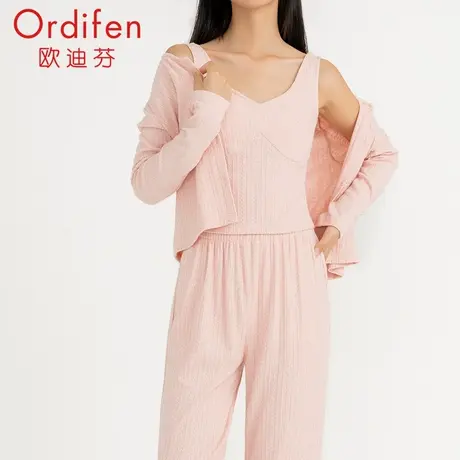 欧迪芬女士长袖长裤家居服三件套带胸垫睡衣套装图片