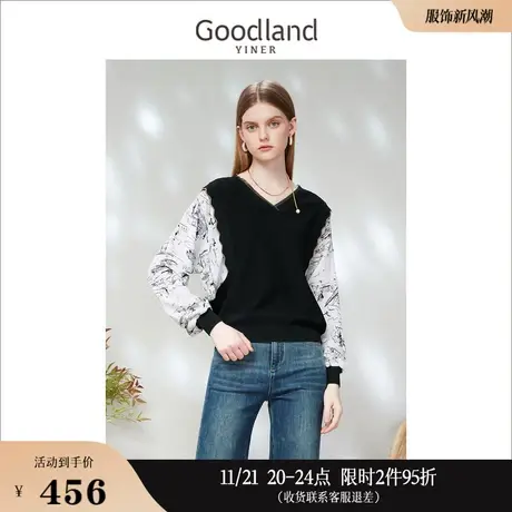 Goodland美地女装2023春季V领撞色设计感假两件针织衫套头商品大图