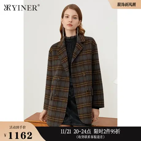YINER音儿线上专选女装冬季格纹绵羊毛双面呢大衣一手长休闲外套商品大图