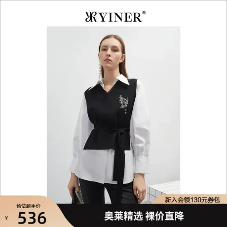YINER音儿专柜女装2022春季新款撞色假两件飘带尖领衬衫商品大图