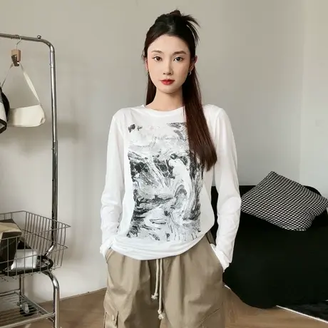 尔给小个子白色防晒衫女2023新款夏季长袖上衣薄款印花正肩t恤图片