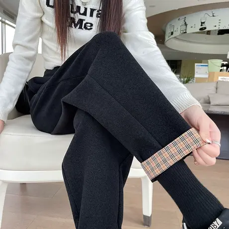 九分毛呢哈伦裤女冬季新款高腰直筒显瘦卷边加厚羊绒休闲运动卫裤商品大图
