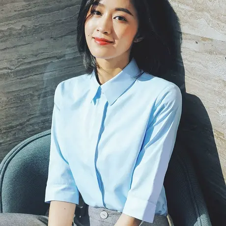 雀后蓝色衬衫女职业七分袖2023春装新款上衣正装工作服面试白衬衣商品大图