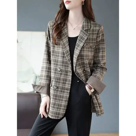 宝诗黎双排扣格子气质中长西装外套女宽松腰带西服2023春秋季新款商品大图