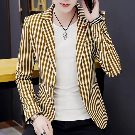 男士潮流休闲西装夜店秋季韩版修身单上衣外套青年英伦条纹小西服商品大图