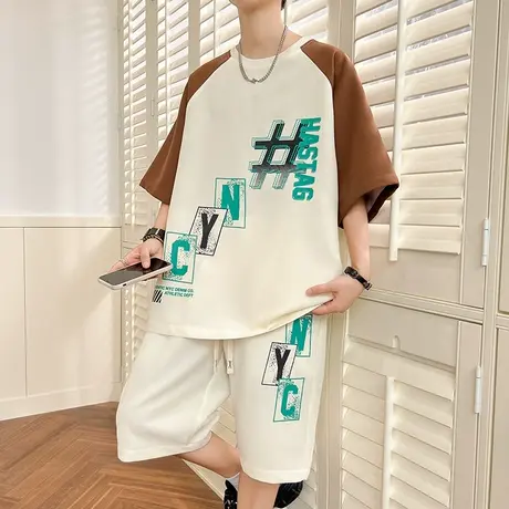 短袖t恤男士套装夏季2025新款韩版潮流休闲帅气一套衣服男装夏装商品大图
