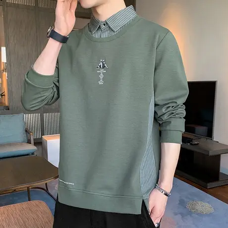 长袖t恤男2025春秋装假两件男士卫衣衬衫领体恤潮流牌秋衣服小衫商品大图