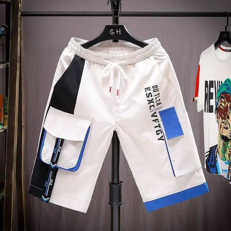 2023夏季新款男式时尚5分裤运动短裤拼色宽松潮流工装沙滩五分裤商品大图