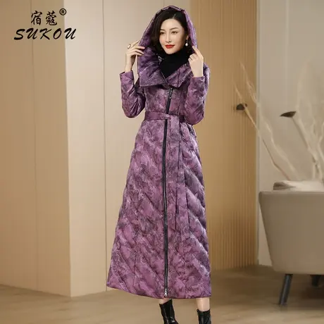 高贵紫色连帽羽绒服长款女2024年冬季新款高级感超好看白鸭绒外套商品大图