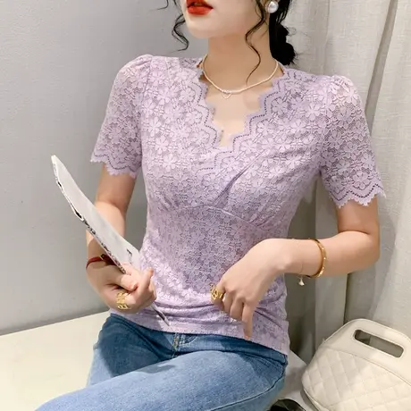 2023夏季新款性感V领蕾丝衫女短袖洋气百搭T恤欧货紧身雷丝上衣潮商品大图