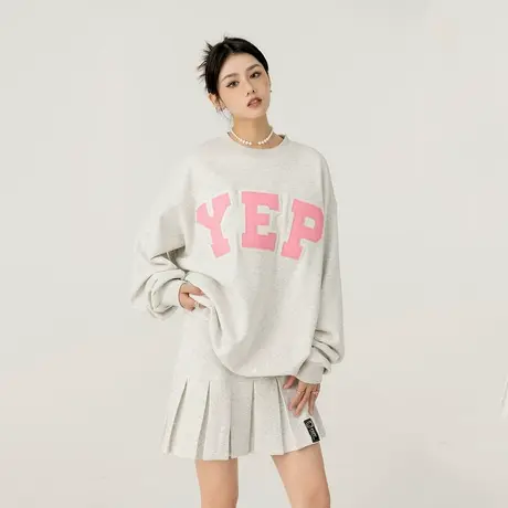 YEP字母皮标圆领卫衣女2024新款春秋宽松学院风灰色长袖上衣潮牌图片