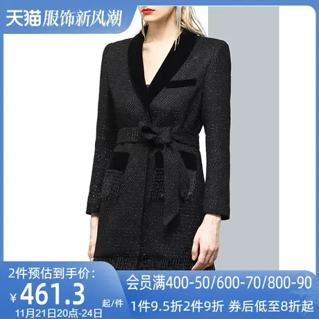 赫本风拼接丝绒流苏毛呢外套女冬2023新款小个子显高气质呢子大衣商品大图