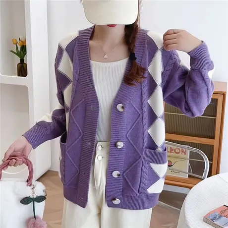 早秋装慵懒菱形格针织毛衣开衫外套女2023新款春秋外搭高级感上衣商品大图