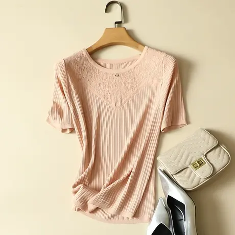 冰丝针织衫短袖t恤女2024春夏新款圆领修身显瘦薄款打底衫女上衣图片