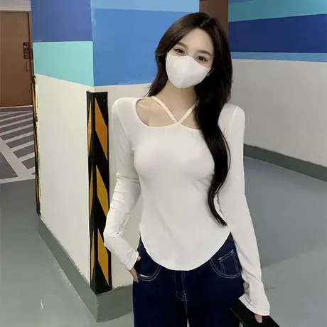方领上衣女夏季长袖法式短款t恤打底衫秋冬薄款春秋纯欲鱼骨内搭图片