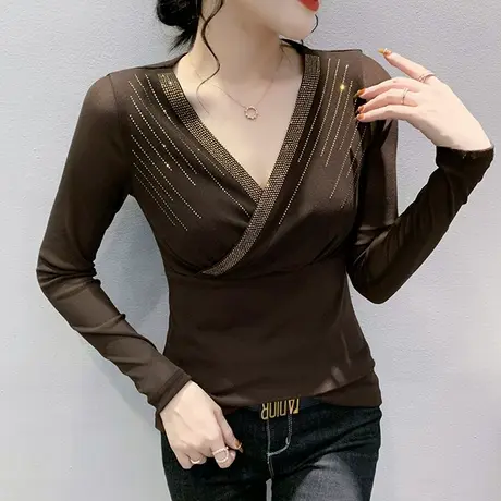 性感V领网纱打底衫女士秋冬新款长袖重工烫钻上衣百搭气质T恤加绒图片
