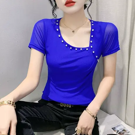 时尚钉珠V领T恤女短袖欧货夏季性感网纱小衫百搭斜领露锁骨上衣潮图片