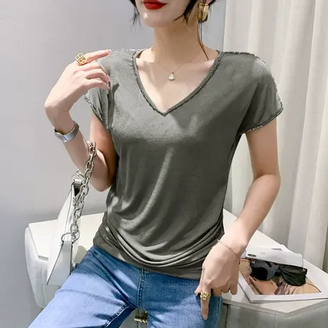 性感V领钉珠T恤女短袖2024夏季新款时尚洋气修身上衣显瘦百搭小衫商品大图