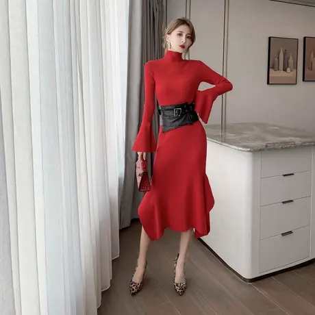 本命年红色针织连衣裙女高领修身包臀鱼尾气质配大衣打底毛衣裙秋图片