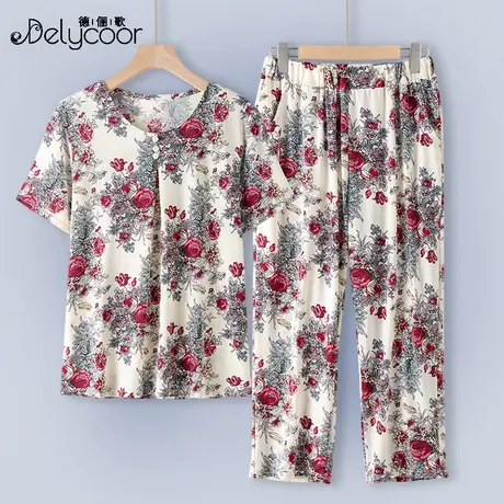 冰丝妈妈夏装中老年人圆领碎花弹力套装老人奶奶休闲短袖T恤上衣商品大图