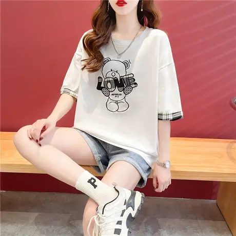 纯棉短袖t恤女2023年夏季新款韩版宽松刺绣小熊半袖体恤上衣ins潮商品大图