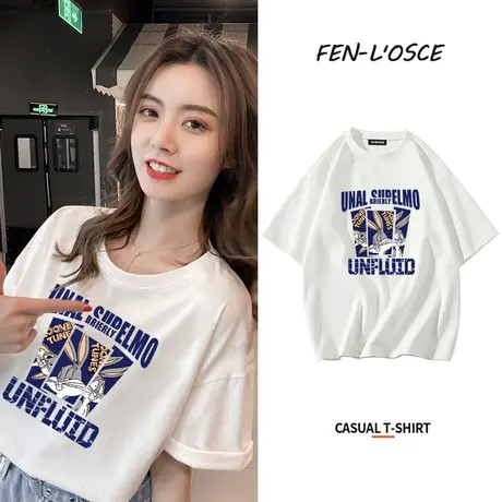 短袖t恤女纯棉2023年夏季新款设计感小众宽松印花半袖正肩上衣服图片