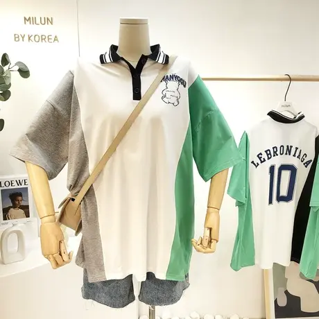 原宿风港味polo领短袖上衣2021夏季小众撞色宽松大版T恤小熊学生图片