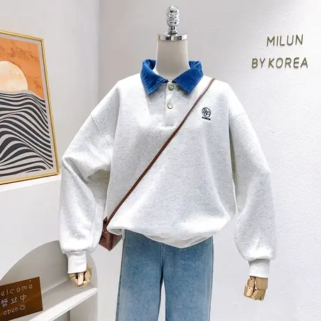 韩国东大门摇粒绒上衣高级感牛仔衬衫领假两件加绒卫衣宽松胖MM商品大图