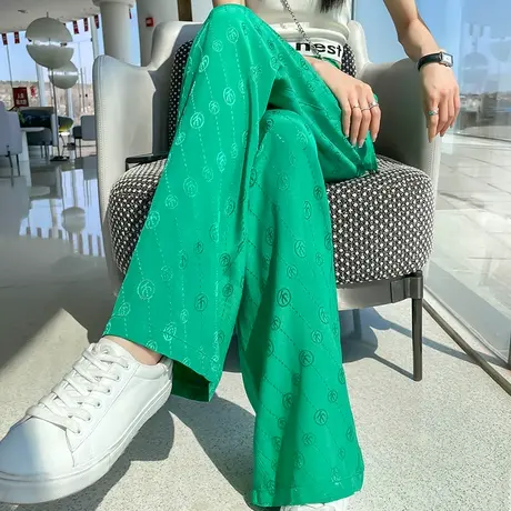 绿色印花阔腿裤女2023年春夏薄款高腰窄版显瘦冰丝防晒休闲直筒裤图片