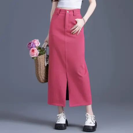 玫红色牛仔半身裙女2024新款秋冬中长款前开叉显瘦高腰包臀裙半裙图片