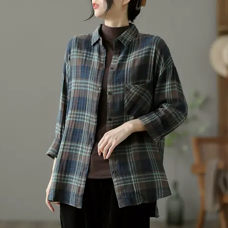 dza 复古宽松短款外套女士衬衫春秋新款百搭文艺休闲上衣格子衬衣图片