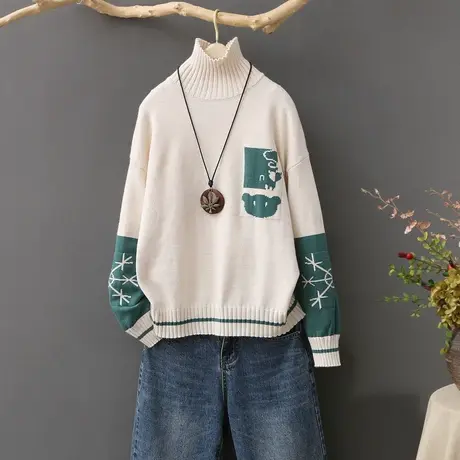 韩范撞色套头毛衣女宽松秋冬新款百搭长袖高领打底衫女上衣针织衫图片