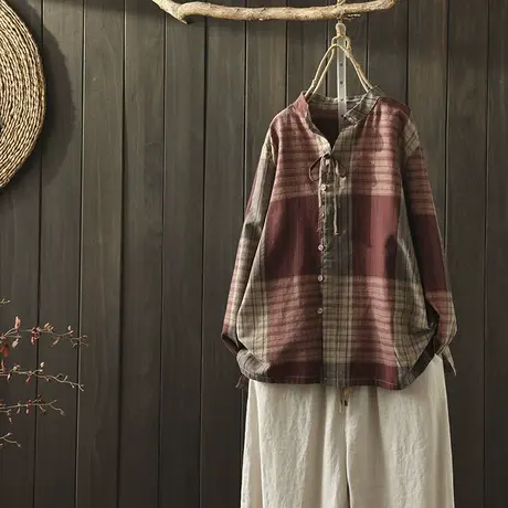 枫谜2020年春装新款文艺复古棉麻系带立领格子衬衫女宽松休闲衬衣商品大图