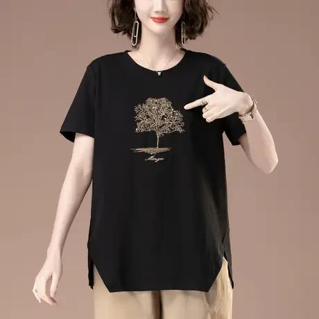 短袖T恤女夏季宽松加肥加大码女装中年妈妈刺绣遮肚纯棉显瘦上衣图片