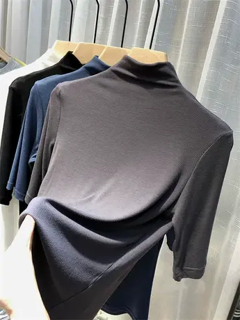 欧货半高领打底衫女秋2022新款修身磨毛中袖T恤洋气内搭上衣潮商品大图