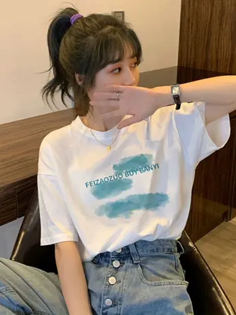 白色仿棉短袖t恤女2023新款欧货夏季韩系chic小众设计感别致上衣商品大图