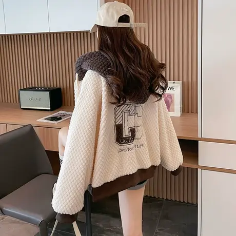 小个子羊羔毛外套女秋冬韩版宽松加绒加厚保暖双面绒拼色开衫卫衣商品大图