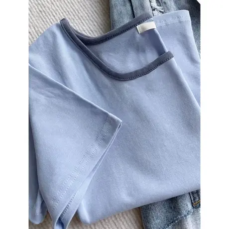 方领正肩短袖T恤女早春夏装修身显瘦洋气减龄小个子短款半袖上衣商品大图