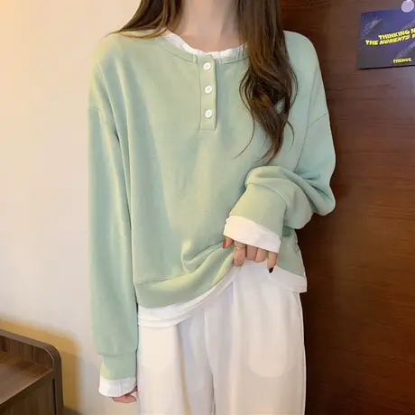 短款卫衣女小个子新款2025春秋季薄款宽松设计感小众假两件上衣服商品大图