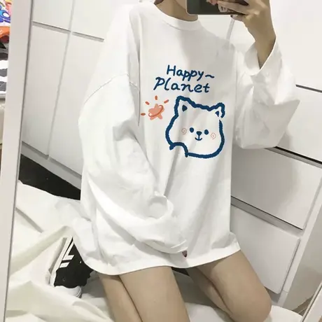 韩风chic大码t恤女早秋慵懒风休闲宽松长袖潮ins小众高街胖mm上衣图片