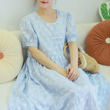 【买一送一】夏新品盘扣短袖连衣裙加大码清新复古刺绣长裙商品大图